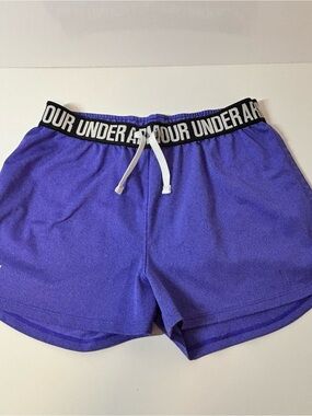 Purple Under Armour athletic shorts with logo waistband and drawstring -Size YLG